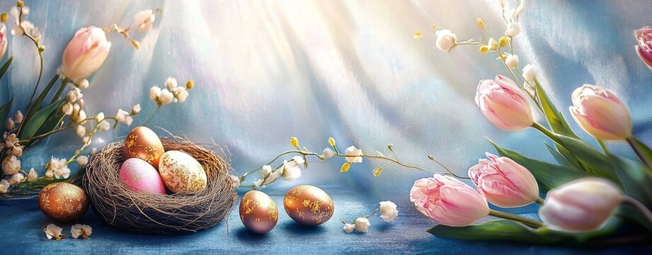 Pastel nest golden eggs tulips, soft bokeh light, scattered petals, glitter accents, cozy spring mood, highkey studio composition with shallow depth, elegant