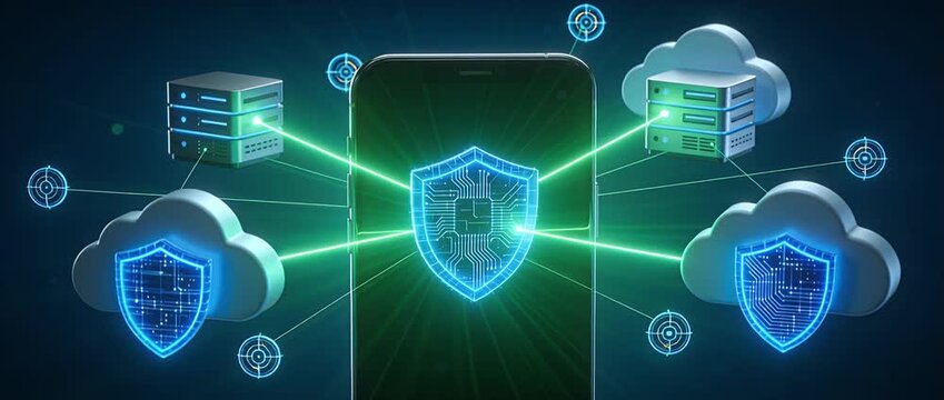 Cyber security concept with cloud computing data protection showing digital lock binary code futuristic style cloud server network lock icons secure data encryption technology glowing cloud server
