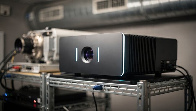 Medium shot of a sleek laser projection unit replacing a traditional xenon projector with blurred background elements emphasizing the upgrade process.