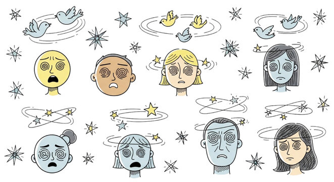 Dizzy Effect Doodle Cartoon Set Hand Drawn Faces Birds Stars Emotions Vector Illustration Collection