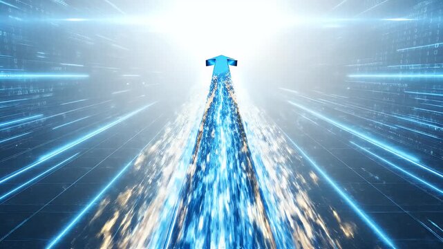 Abstract digital blue arrow rising through futuristic, light-streaked data streams