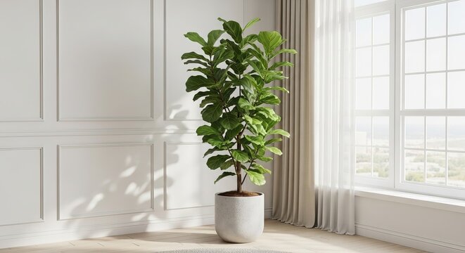 Fiddle leaf fig tree in a modern white room with large window
