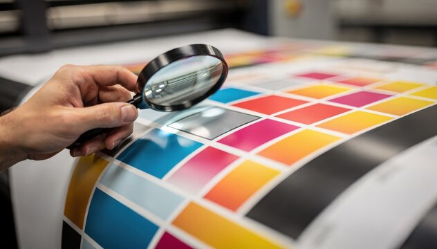 Technician closely examining color bars on a print sheet with a handheld magnifier ensuring accurate color density and consistency with blurred surroundings.
