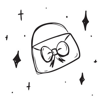 Hand drawn handbag with ribbon and stars sketch. Cute woman purse vector illustration. Black and white doodle of fashion bag accessory isolated on white background.