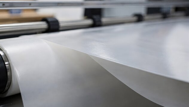 Focus on softtouch lamination as it smooths evenly over a dust jacket in a medium shot with the machine and environment in soft blur for contrast.