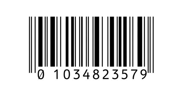 Universal Product Code barcode with numbers 0 1034823579 isolated on transparent background