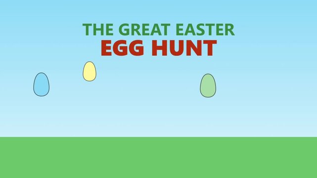 The Great Easter Egg Hunt Animation with Colorful Falling Eggs, Blue Sky and Green Grass, Flat Vector Motion Graphic Greeting