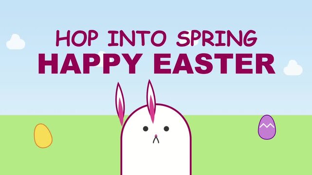 Cute Animated Bunny Hopping in Spring Field with Happy Easter Text, Colorful Eggs, Flat Vector Cartoon Motion Graphic Greeting Video