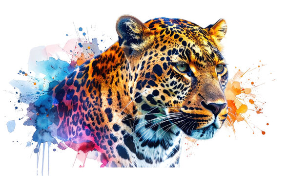 A vibrant spotted cat with watercolor bursts, poised and watchful