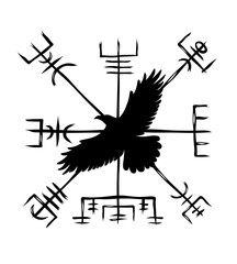 Fototapeta premium A mystical raven at the center of a runic compass on a transparent background. A symbol of northern magic, protection, the path, strength, and ancient symbols. A symbol of the Vikings and Norse magic