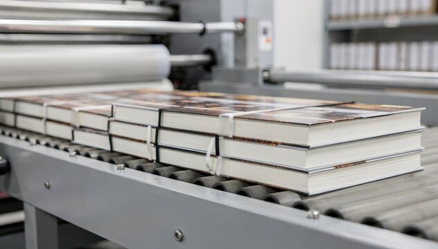 Crisp focus on freshly printed shortrun novels drying on a conveyor with the micro print rooms subtle blur creating depth and professionalism.