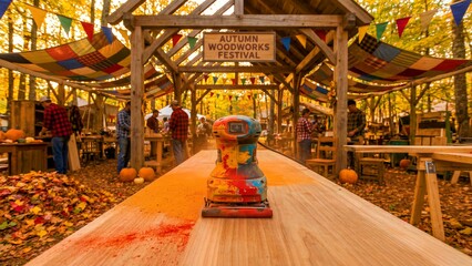 Obraz premium A vibrantly colored orbital sander rests on a freshly planed wooden surface during the lively autumn woodworking festival demonstration.