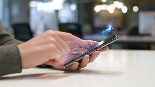 Unidentifiable hands in business casual interact with sleek smartphone on minimalist desk. Luminous screen emits data streams. Blurred modern co-working space background concept of modern digital