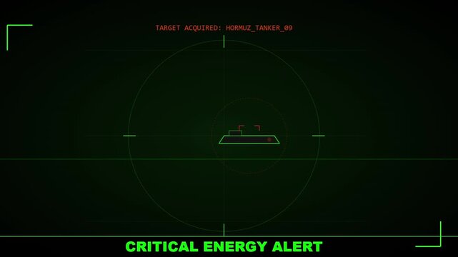 Military HUD Interface Showing Target Acquired on Oil Tanker in Strait of Hormuz with Critical Energy Alert News Motion Graphic