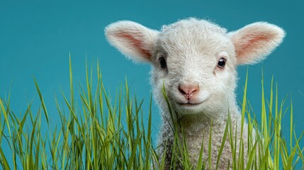 Obraz premium spring lamb green background on a blue background