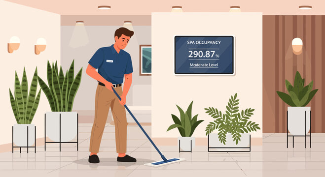 Man cleaning floor with mop in modern office interior.