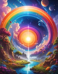Obraz premium A vibrant cosmic landscape with a rainbow portal drawing the eye toward a central radiant sun. Colorful terrain surrounds