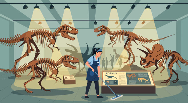 Museum cleaner diligently works among dinosaur skeletons.