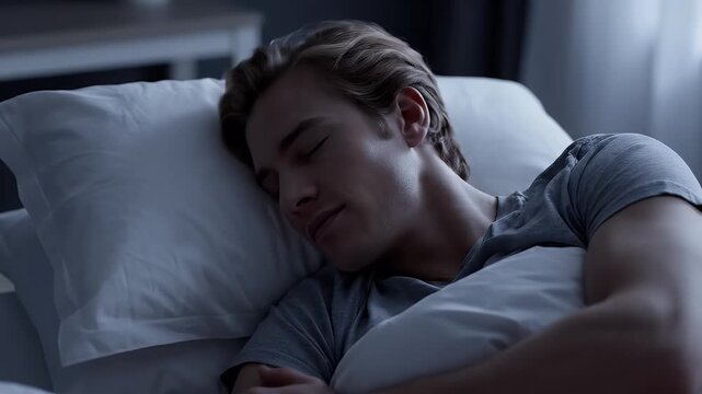 Young man sleeping peacefully on a white pillow in dimly lit room