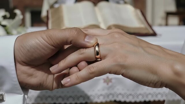 Couple exchanging wedding rings during a ceremony, with a priest in the background, a holy book on the altar, and white lilies adorning the table in a beautifully decorated setting