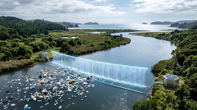 Solar-powered cleanup technology actively employs a glowing blue barrier to effectively remove vast quantities of plastic pollution from a natural river environment.
