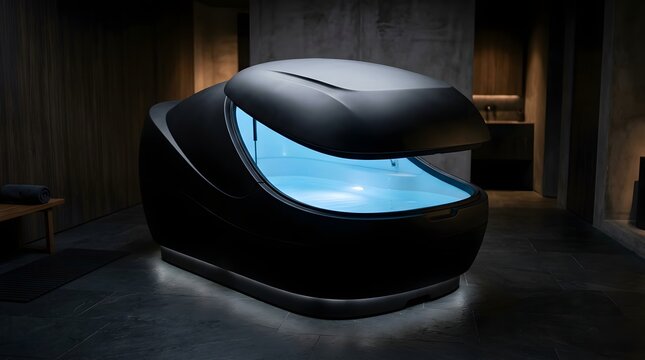Luxurious dark sensory deprivation tank with open lid offering tranquil blue illuminated water for deep relaxation.