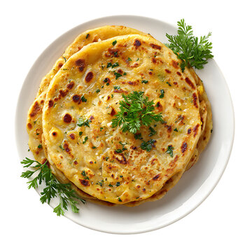 Aloo Paratha Indian Dish On White Plate isolated on with white background(4)