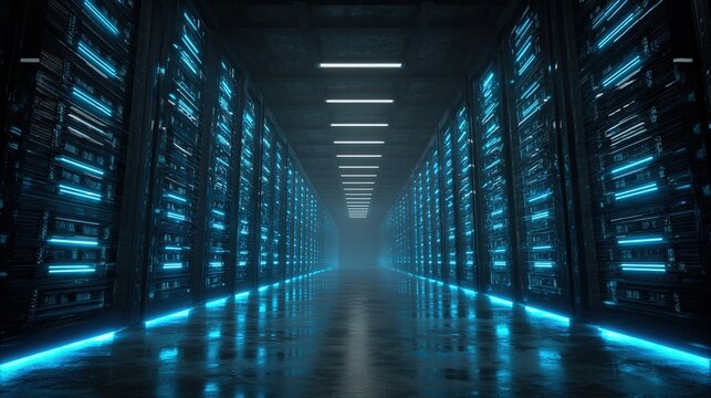 vent. Abstract data center concept with glowing nodes and blue neon accents in an industrial setting. product launch decks, UI/UX mockups, designed for product launches and innovation pitches.