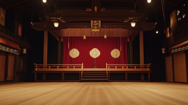 hanamichi. Polished wooden Kabuki theater runway leading into the distance, symmetrical. event programs, museum guides, designed for cultural heritage projects and event programs.