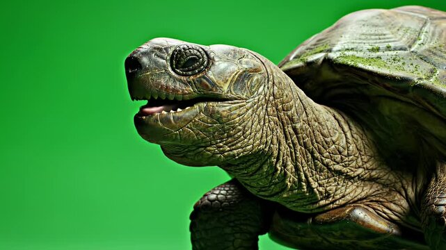 Close-up of a detailed tortoise face and shell against a vibrant green background