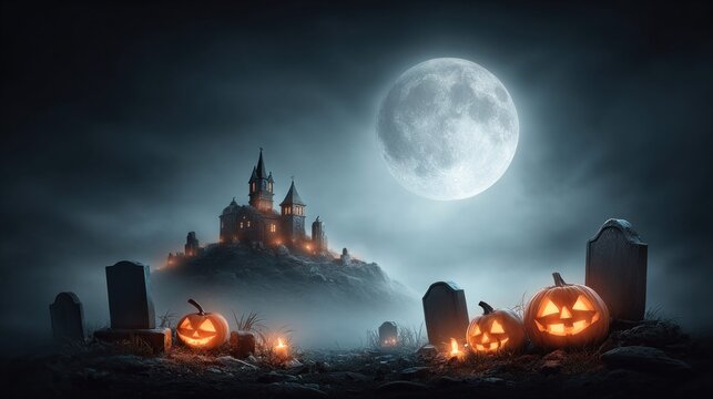 spooky halloween night scene with pumpkins, castle, and full moon