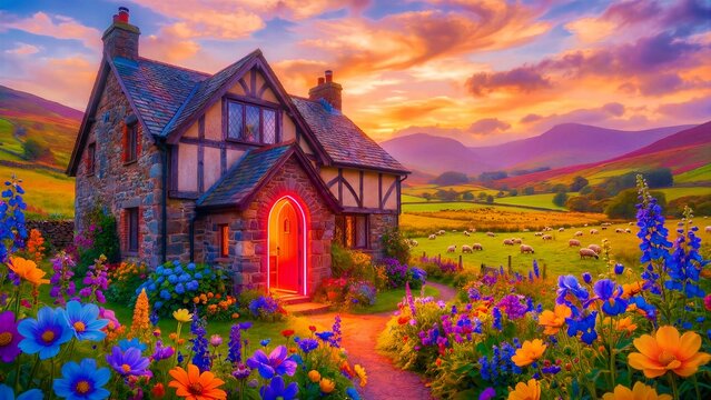 A picturesque, storybook stone and timber-framed cottage, nestled amidst an abundant, meticulously arranged garden of vibrant, multicolored flowers, features a brightly glowing, almost neon-like