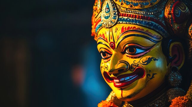 kathakali. A detailed and colorful Kathakali dance mask with exaggerated expression. event programs, museum guides, designed for cultural heritage projects and event programs, supports education.
