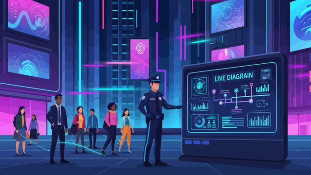 Security officer presenting live data analysis to diverse group.