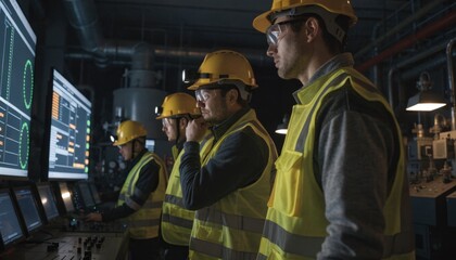 Obraz premium Night shift personnel analyze AIdriven data on large screens in a dimly lit smelter control room ensuring continuous cell performance and energy management.