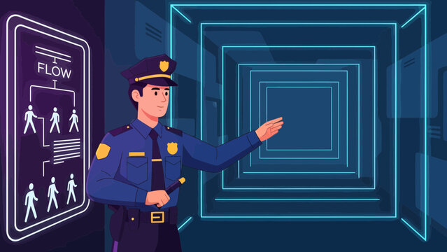 Police officer directing traffic flow in futuristic environment.