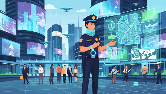 Police Officer Directing Traffic in Futuristic City.