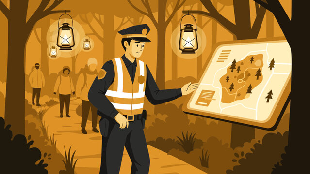 Police officer examining a map in a forest setting.