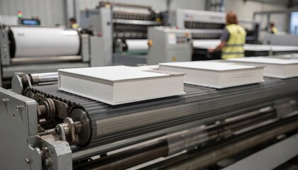 Fototapeta premium Midrun hardcover book binding section captured with focused conveyor belt carrying books while peripheral presses and operators remain gently blurred.