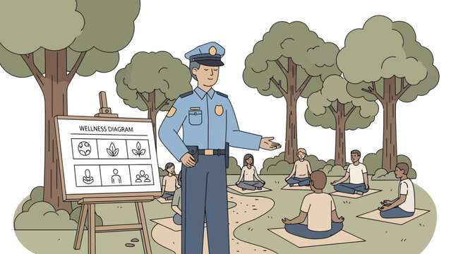 Police officer teaching mindfulness to a group of people outdoors.