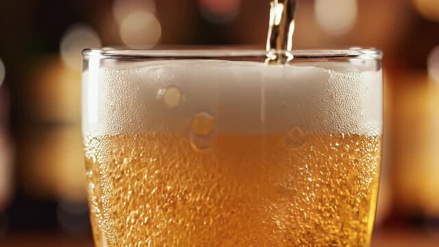 Refreshing golden liquid with a frothy head is poured into a clear glass