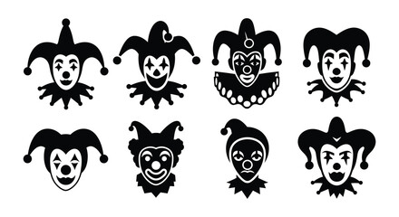 Fototapeta premium Collection of black silhouette jester faces displaying various expressions