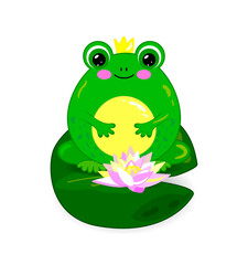 Fototapeta premium Frog in crown on water lily and with lily, isolated on white background. Vector illustration of frog princess