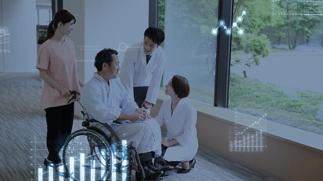 AIデータ分析を活用した医療チームの先進医療や予防医療などのテクノロジーやデータ分析、未来や希望のなどのイメージの動画　医師と患者の会話とモーショングラフィックス付き 白