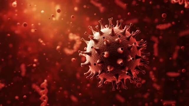 Microscopic Threat: A detailed microscopic view of a virus particle, showcasing the intricate structure and potential threat, symbolizing the invisible dangers of the biological world.