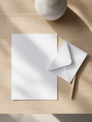 Fototapeta premium Blank paper and envelope on wooden desk with pen in sunlight