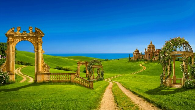 Enchanting Italian landscape featuring ornate golden archways, a dirt path, and distant palatial architecture under a vast blue sky.