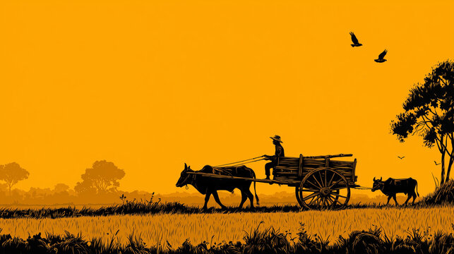 Silhouette man stand traditional bullock cart guide strong ox pull cart countryside.
