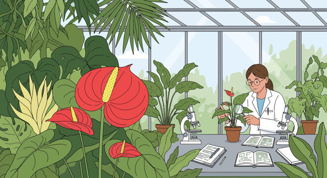 Botanist studying plants in a greenhouse laboratory.