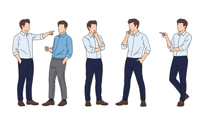 Obraz premium Collection of various poses of a man in casual business attire such as pointing, thinking, pondering, and waiting in line.